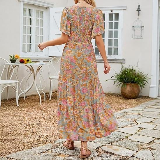 🌸 Avslappnad Maxiklänning för Damer med Blommönster – Korta Flänsar i Sammet, Smock & Hög Midja För En Elegant Silhuett ☀️