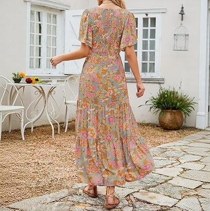 🌸 Avslappnad Maxiklänning för Damer med Blommönster – Korta Flänsar i Sammet, Smock & Hög Midja För En Elegant Silhuett ☀️