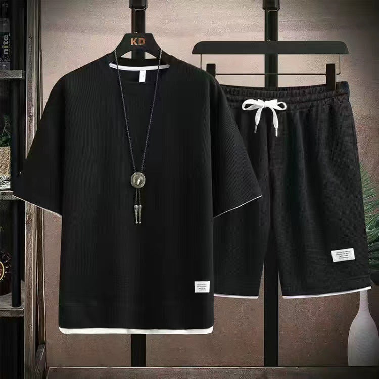 👕 50% RABATT! 🧇 Vaffeltyg Kortärmad T-shirt 2-delat Set – Bekväm Passform, Andningsbar Bomull & Perfekt För En Avslappnad Vardagslook 🏠