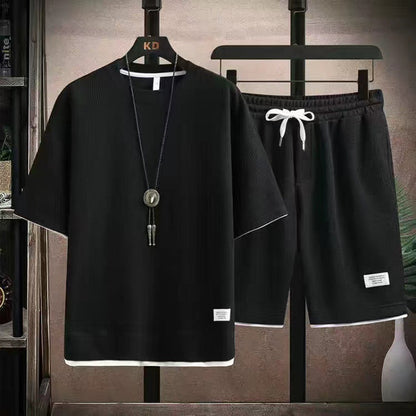 👕 50% RABATT! 🧇 Vaffeltyg Kortärmad T-shirt 2-delat Set – Bekväm Passform, Andningsbar Bomull & Perfekt För En Avslappnad Vardagslook 🏠