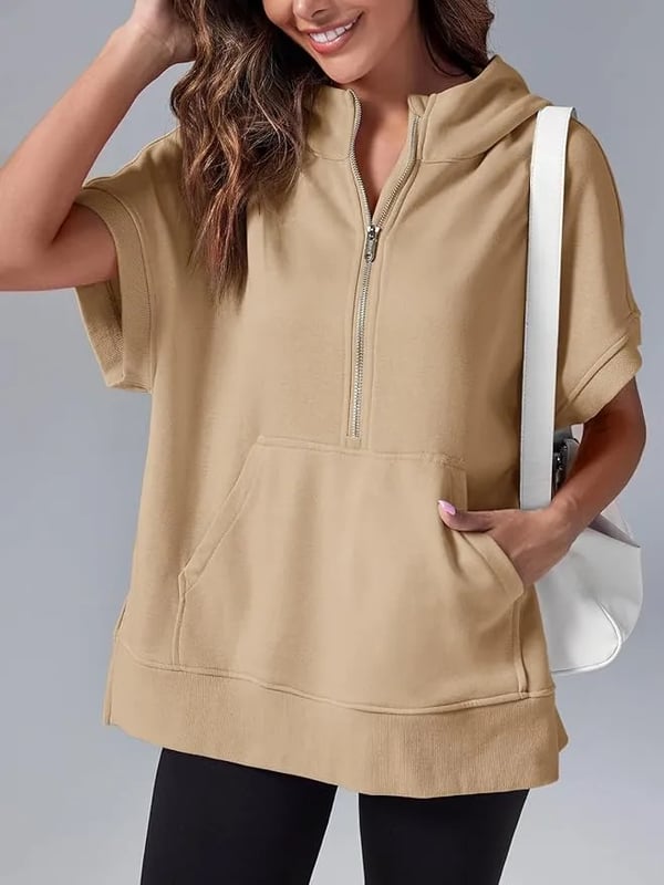 2024 Oversized Casual Half Zip Short Sleeve Pullover Tops with Pockets (Köp 2 Fri frakt)