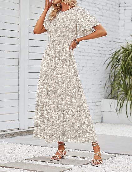 🌸 Avslappnad Maxiklänning för Damer med Blommönster – Korta Flänsar i Sammet, Smock & Hög Midja För En Elegant Silhuett ☀️