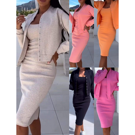 👗 60% RABATT! 🌟 Tvådelat Set: Klänning & Jacka med Spaghettitågar – Elegant Design, Mångsidig & Perfekt för Festliga Tillfällen 💃