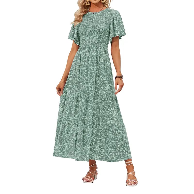 🌸 Avslappnad Maxiklänning för Damer med Blommönster – Korta Flänsar i Sammet, Smock & Hög Midja För En Elegant Silhuett ☀️