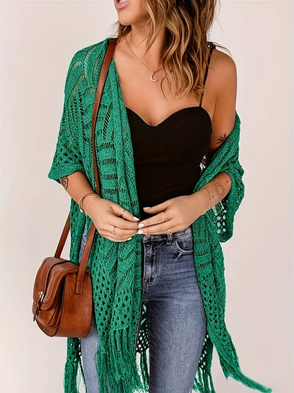 🌊 50% RABATT NU!✨ Dam Öppen Stickad Cover-Up med Tofsar – Bohemisk & Luftig – Strand Essential 🌴
