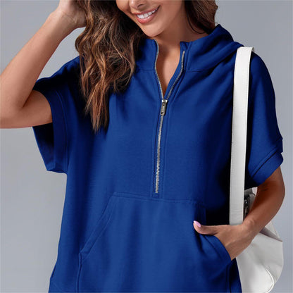 2024 Oversized Casual Half Zip Short Sleeve Pullover Tops with Pockets (Köp 2 Fri frakt)