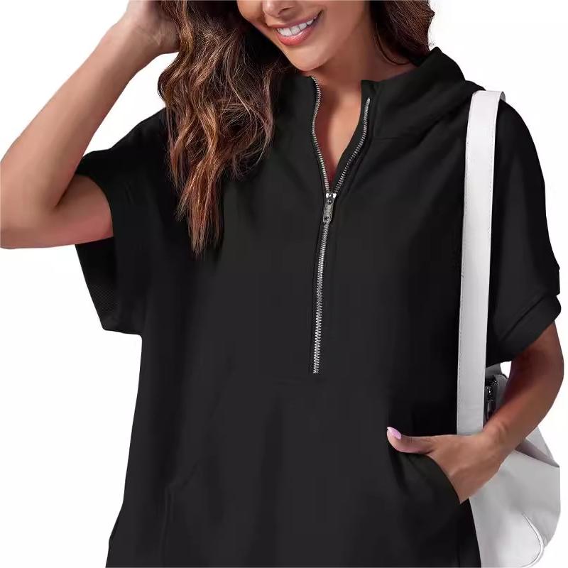 2024 Oversized Casual Half Zip Short Sleeve Pullover Tops with Pockets (Köp 2 Fri frakt)