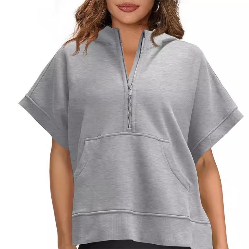 2024 Oversized Casual Half Zip Short Sleeve Pullover Tops with Pockets (Köp 2 Fri frakt)