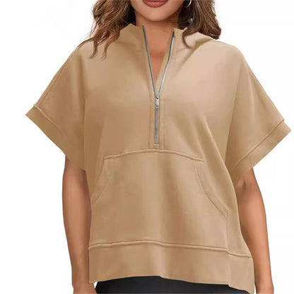 2024 Oversized Casual Half Zip Short Sleeve Pullover Tops with Pockets (Köp 2 Fri frakt)