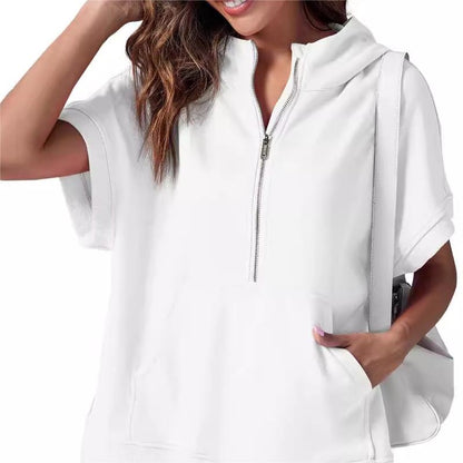 2024 Oversized Casual Half Zip Short Sleeve Pullover Tops with Pockets (Köp 2 Fri frakt)