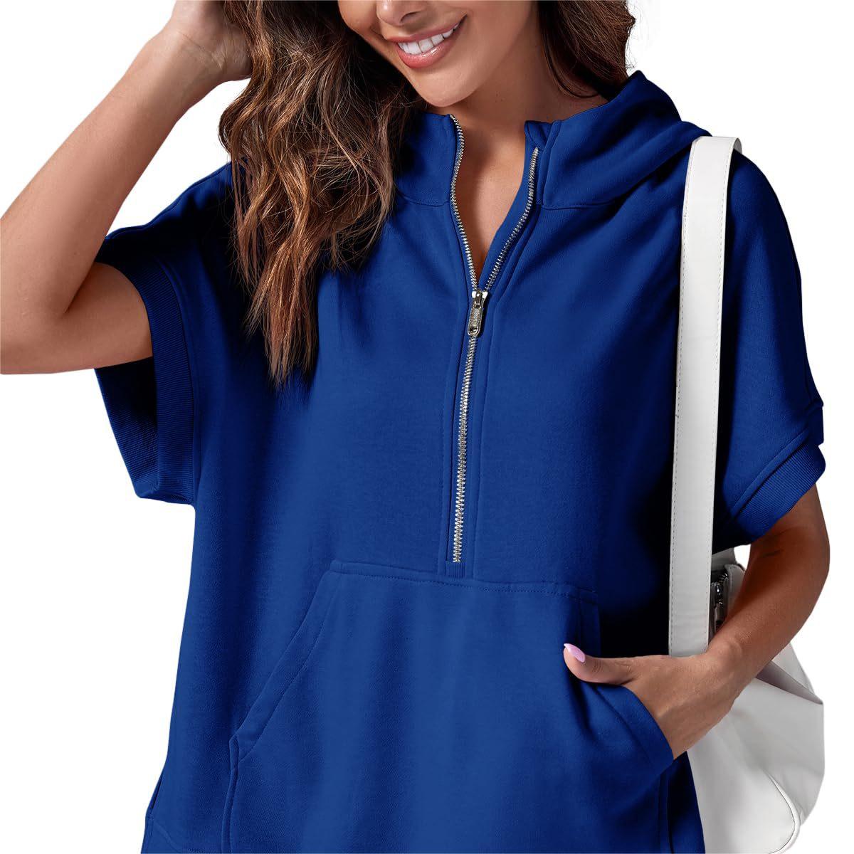 2024 Oversized Casual Half Zip Short Sleeve Pullover Tops with Pockets (Köp 2 Fri frakt)