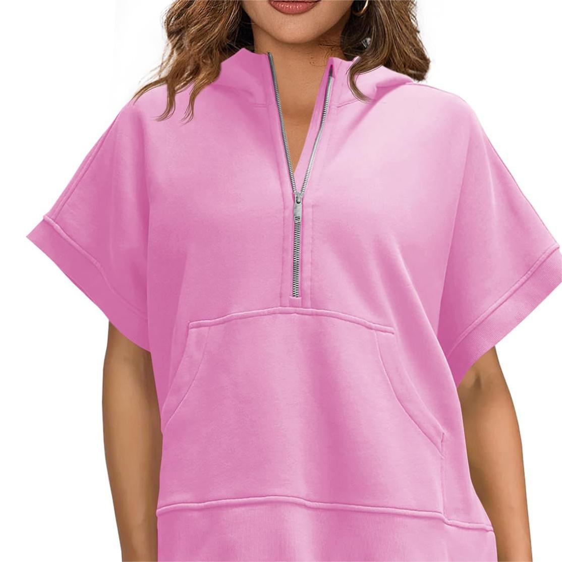 2024 Oversized Casual Half Zip Short Sleeve Pullover Tops with Pockets (Köp 2 Fri frakt)