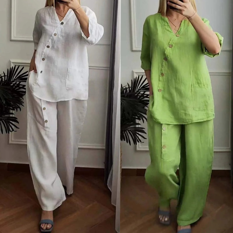 💥Löst sittande tvådelat set för dam med elegant knappdetalj