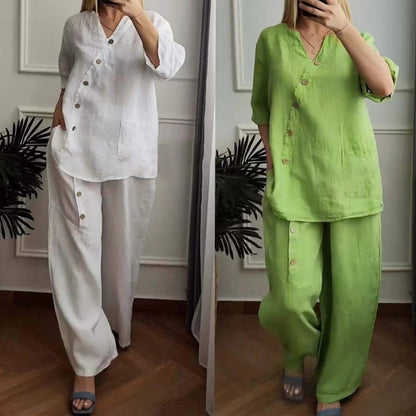 💥Löst sittande tvådelat set för dam med elegant knappdetalj