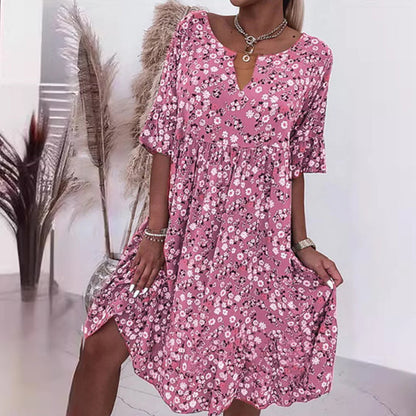 🌸49% rabatt👗- Kvinnors trendiga V-ringade halvärmsblommiga klänning