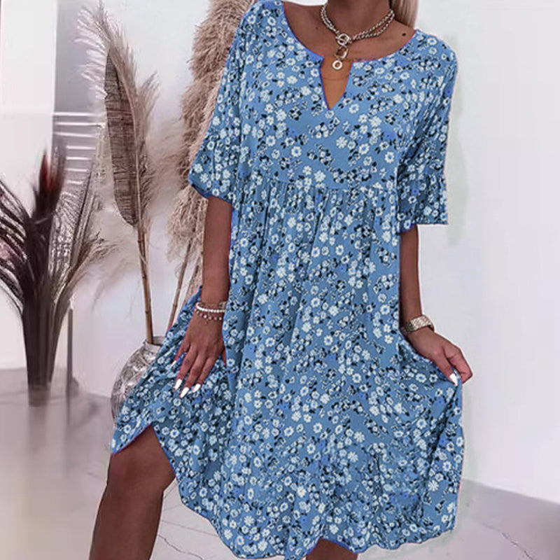 🌸49% rabatt👗- Kvinnors trendiga V-ringade halvärmsblommiga klänning