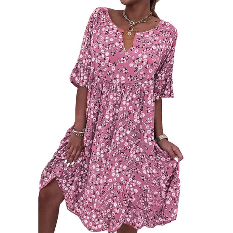 🌸49% rabatt👗- Kvinnors trendiga V-ringade halvärmsblommiga klänning