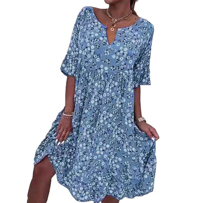 🌸49% rabatt👗- Kvinnors trendiga V-ringade halvärmsblommiga klänning