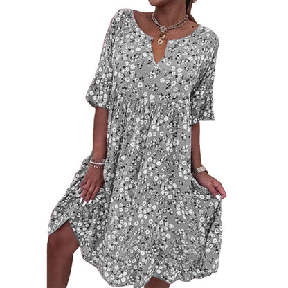 🌸49% rabatt👗- Kvinnors trendiga V-ringade halvärmsblommiga klänning