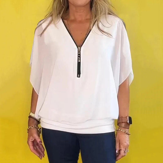 💥Specialförsäljning 49% OFF👗Avslappnad damtopp med dragkedja och chiffonghals