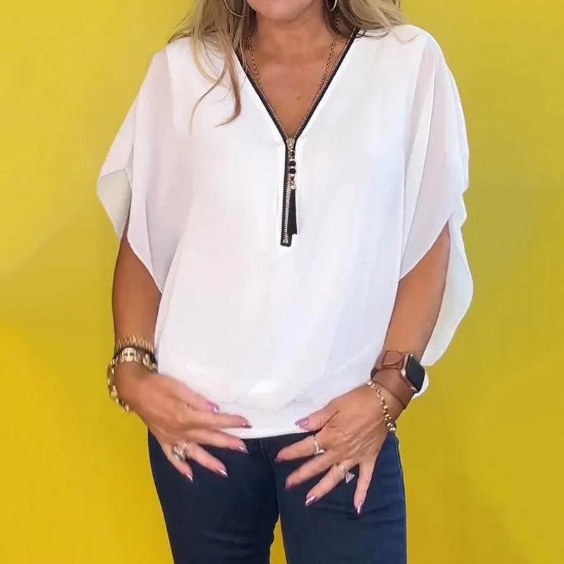 💥Specialförsäljning 49% OFF👗Avslappnad damtopp med dragkedja och chiffonghals