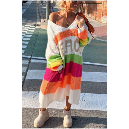 Nu kan du njuta av 50% rabatt🔥Color Block V-Neck Letter Print Sweater Dress