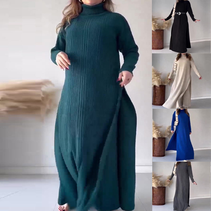 Turtleneck med slits i sidan, stickad tröja och vida byxor, tvådelat set