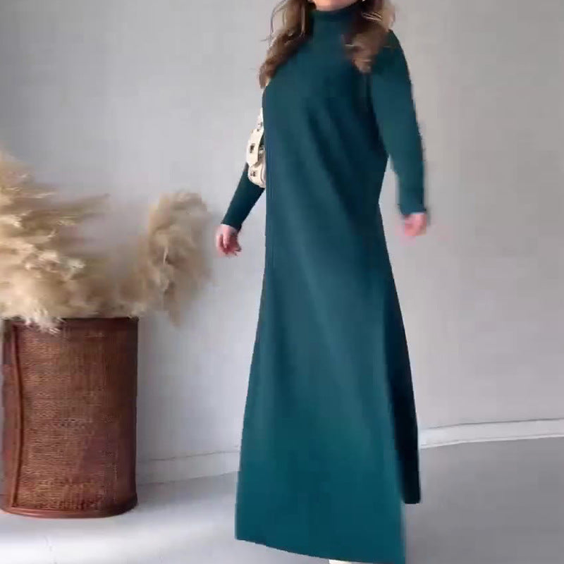 Turtleneck med slits i sidan, stickad tröja och vida byxor, tvådelat set