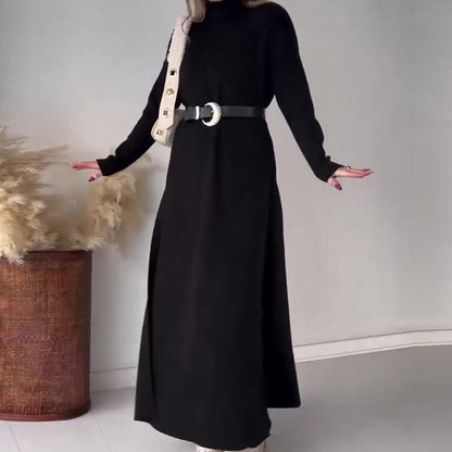 Turtleneck med slits i sidan, stickad tröja och vida byxor, tvådelat set
