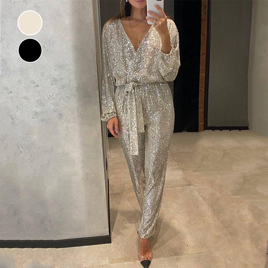 Sparkly V Neck Jumpsuits med bälte för kvinnor