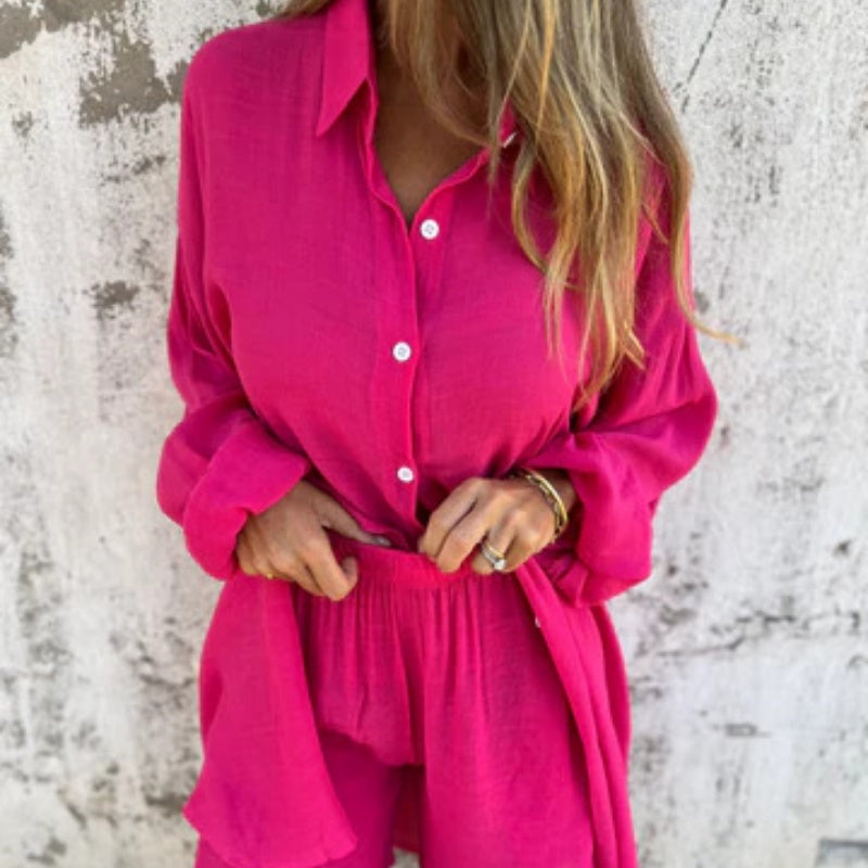 🎉Tvådelat set med långärmad skjorta och shorts för kvinnor