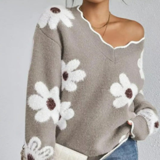 🔥49% RABATT🔥Sweater med kammusslor och blommönster för kvinnor