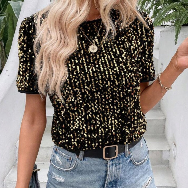 Snygg lös rund hals Sequin T-Shirt för kvinnor （50% OFF）