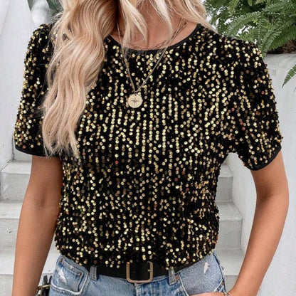 Snygg lös rund hals Sequin T-Shirt för kvinnor （50% OFF）