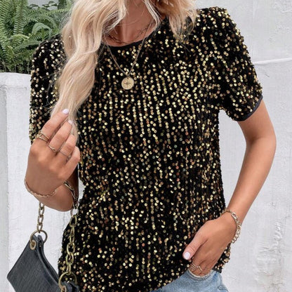 Snygg lös rund hals Sequin T-Shirt för kvinnor （50% OFF）