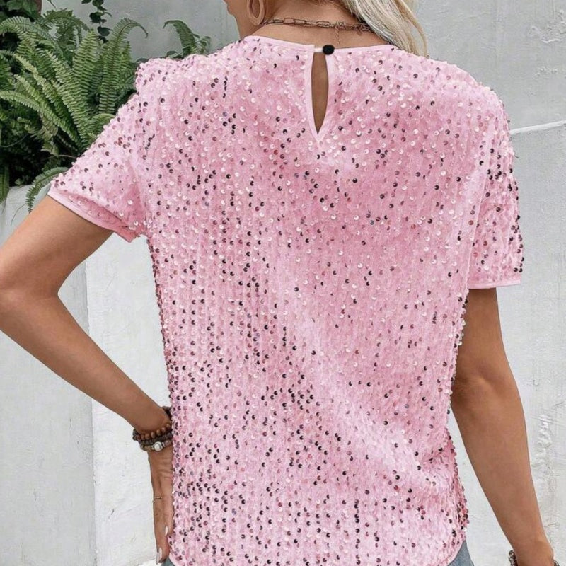 Snygg lös rund hals Sequin T-Shirt för kvinnor （50% OFF）