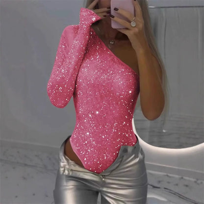 🎉Nyårsrea 50% rabatt 🛍️One Shoulder Sequin Bodysuit för kvinnor