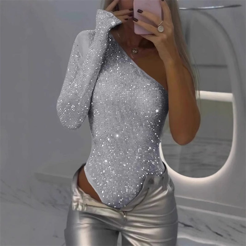 🎉Nyårsrea 50% rabatt 🛍️One Shoulder Sequin Bodysuit för kvinnor