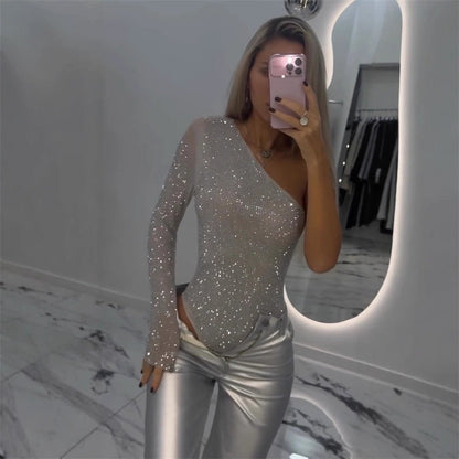 🎉Nyårsrea 50% rabatt 🛍️One Shoulder Sequin Bodysuit för kvinnor