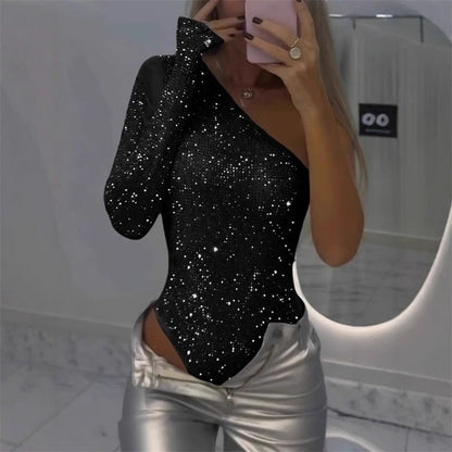 🎉Nyårsrea 50% rabatt 🛍️One Shoulder Sequin Bodysuit för kvinnor