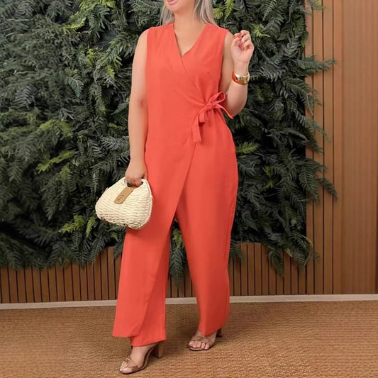 V-ringad jumpsuit med knytband, enfärgad, casual, dam