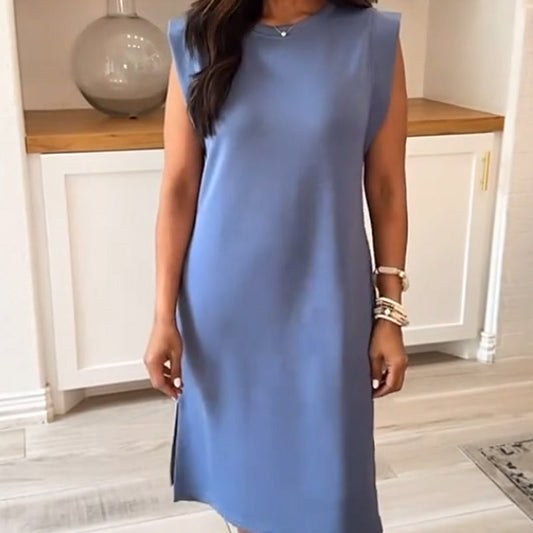 💃 Rundhalsad Löst Delat Midi Klänning med Fickor för Kvinnor