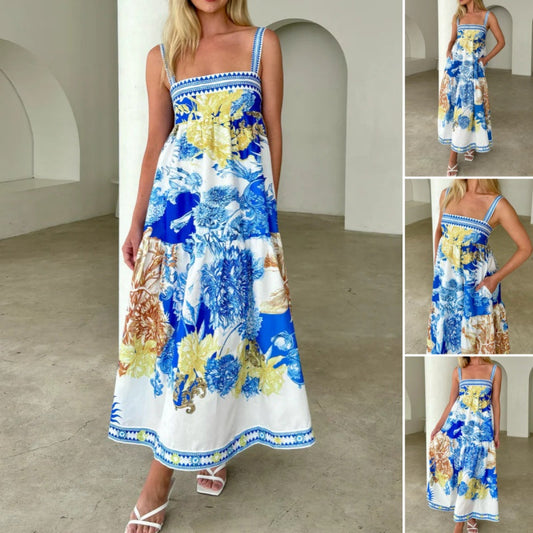 Elegant blommig maxi-klänning för kvinnor med fickor