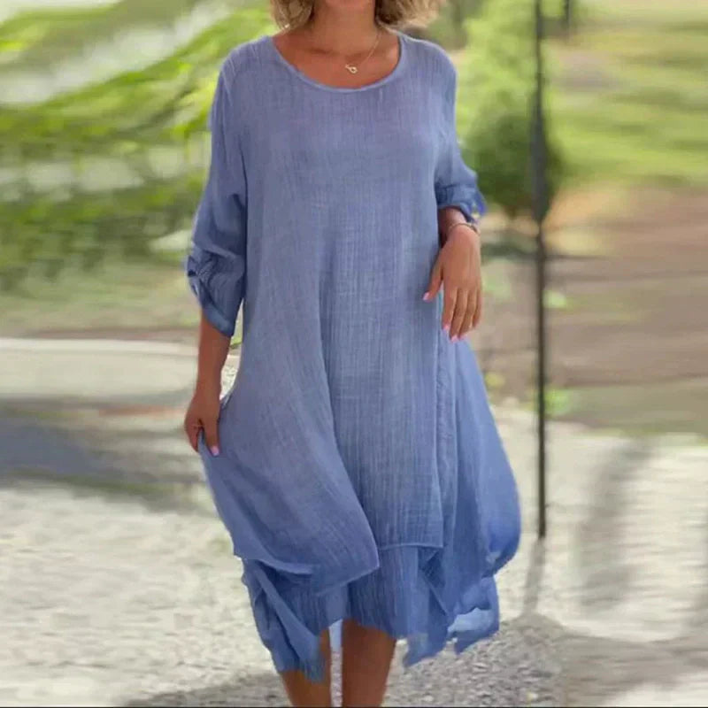 🌼Sista dagen-rea 49% OFF🌼Damklänning i elegant enfärgad rund hals med lös passform