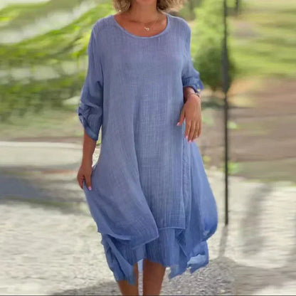 🌼Sista dagen-rea 49% OFF🌼Damklänning i elegant enfärgad rund hals med lös passform
