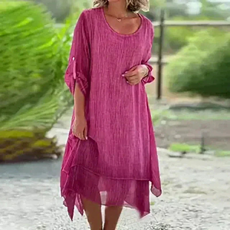 🌼Sista dagen-rea 49% OFF🌼Damklänning i elegant enfärgad rund hals med lös passform