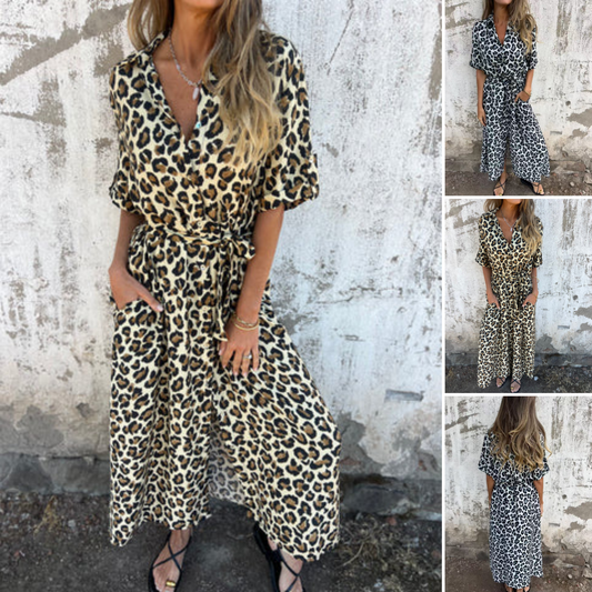 Maxiklänning med V-ringning och leopardmönster