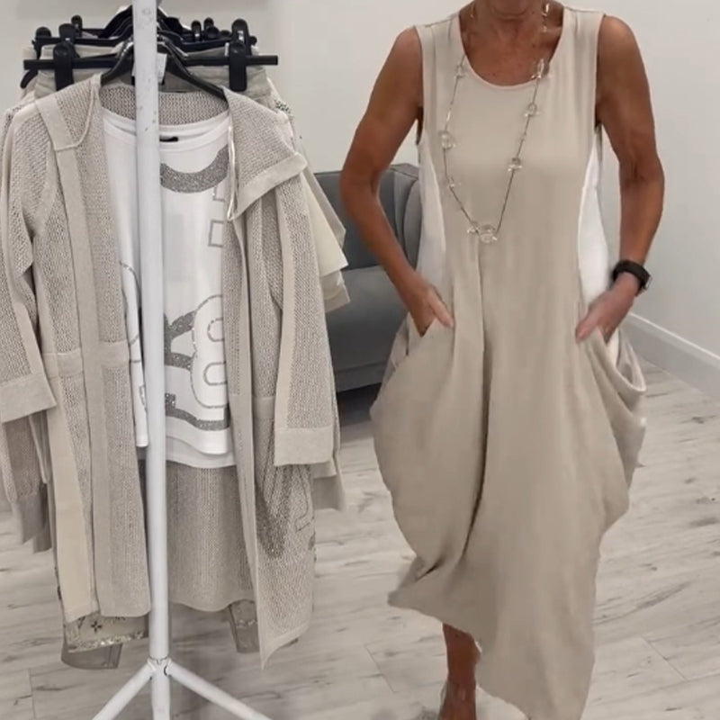 👗Enkel Klänning med Fickor och Ärmlös