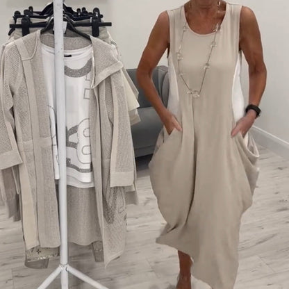 👗Enkel Klänning med Fickor och Ärmlös