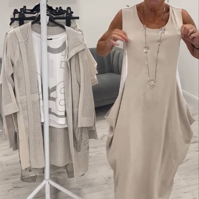 👗Enkel Klänning med Fickor och Ärmlös